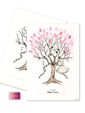 Fingeraftryksplakat - Konfirmationstræ med lyserøde fingeraftryk og kjole