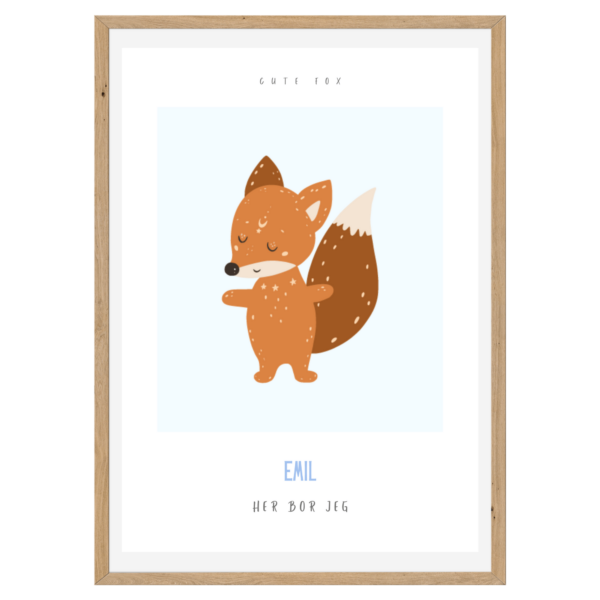 Børneplakat med navn og tekst | Cute Fox Blue