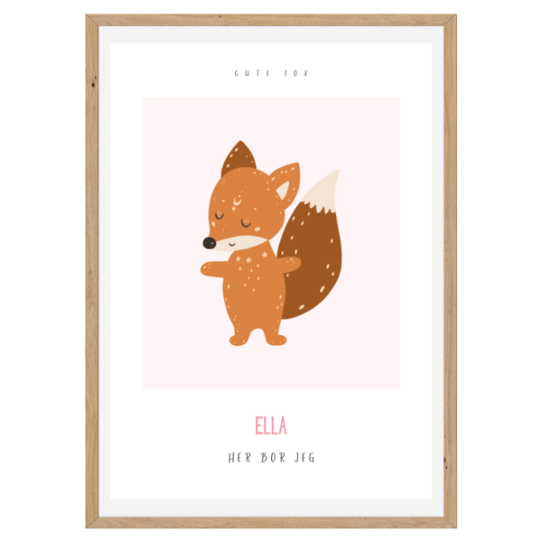 Børneplakat med navn og tekst | Cute Fox Pink