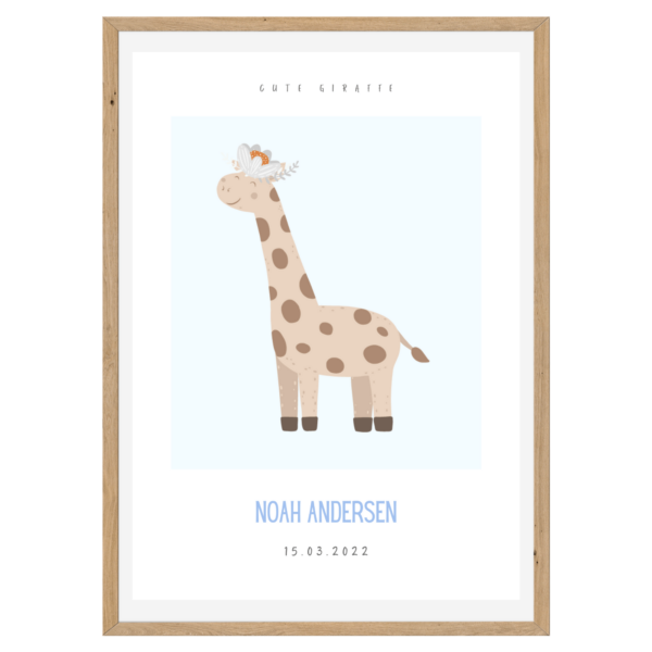 Børneplakat med navn og tekst | Cute Giraffe Blue