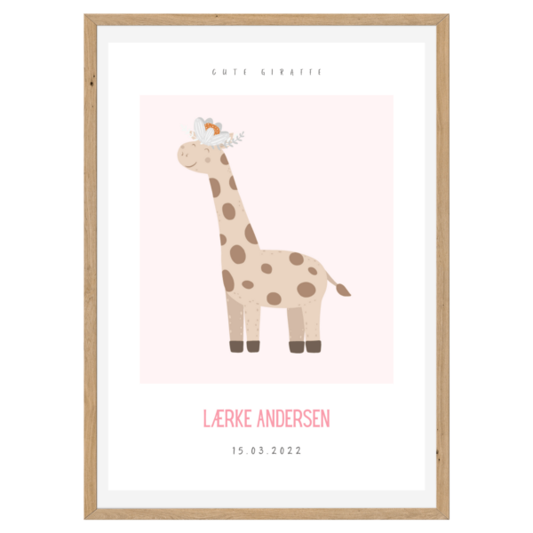 Børneplakat med navn og tekst | Cute Giraffe Pink