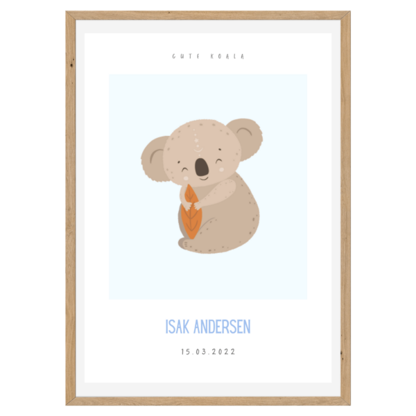 Børneplakat med navn og tekst | Cute Koala Blue