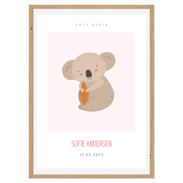 Børneplakat med navn og tekst | Cute Koala Pink