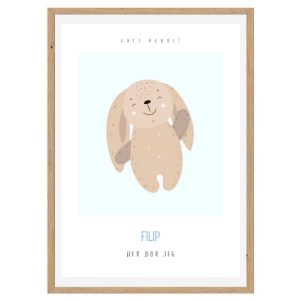 Børneplakat med navn og tekst | Cute Rabbit Blue