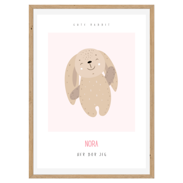 Børneplakat med navn og tekst | Cute Rabbit Pink