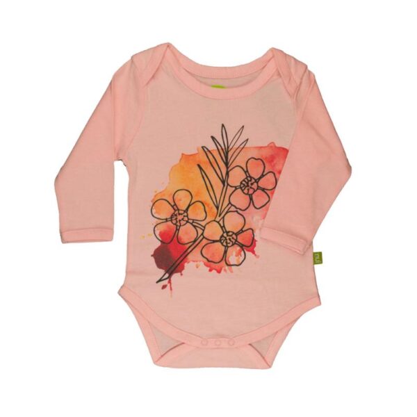 Langærmet body - Lys melon med blomsterprint