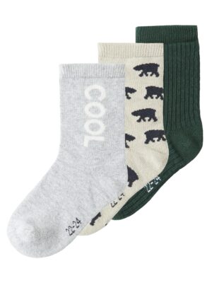 Name It Kosy 3 pack strømper - Pure Cashmere/Grey Melange/Pine Grove - 19/21 cm