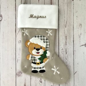 NYHED - Julesok med navn Grå (Bamse / juletræ) - Rød