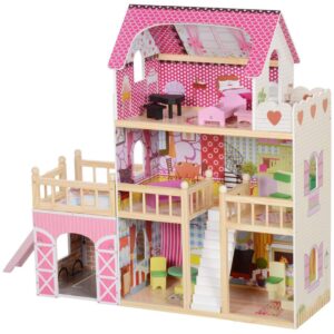 Trædukkehus, 3 etagers legehus, 13 m⌀bler, aftagelig garage, rutsjebaner og balkon, 36" h⌀jt dukkehus til 3-6 år b⌀rn, Pink