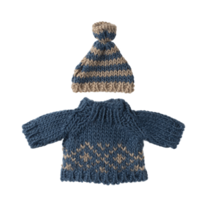 Strikket sweater og hue blå t/ far mus - Maileg