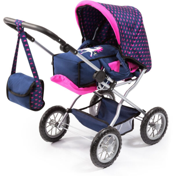Bayer Kombi Dukkebarnevogn med Pusletaske, Rejseseng og Bæresele - 3+år - Mørkeblå/Pink med Enhjørning