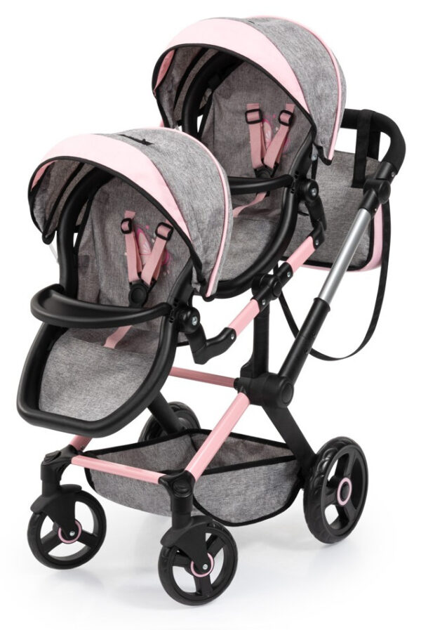 Bayer Twin Pram Xeo Dukkebarnevogn med Pusletaske - 3+år - Grå/Lyserød