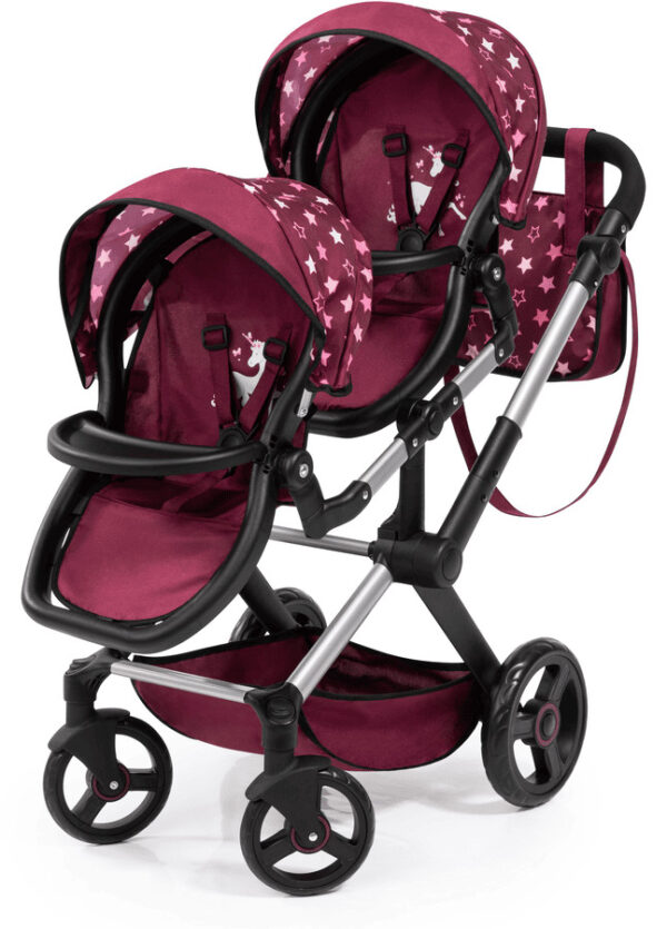 Bayer Twin Xeo Dukkeklapvogn - 3+år - Mørkerød med Enhjørning